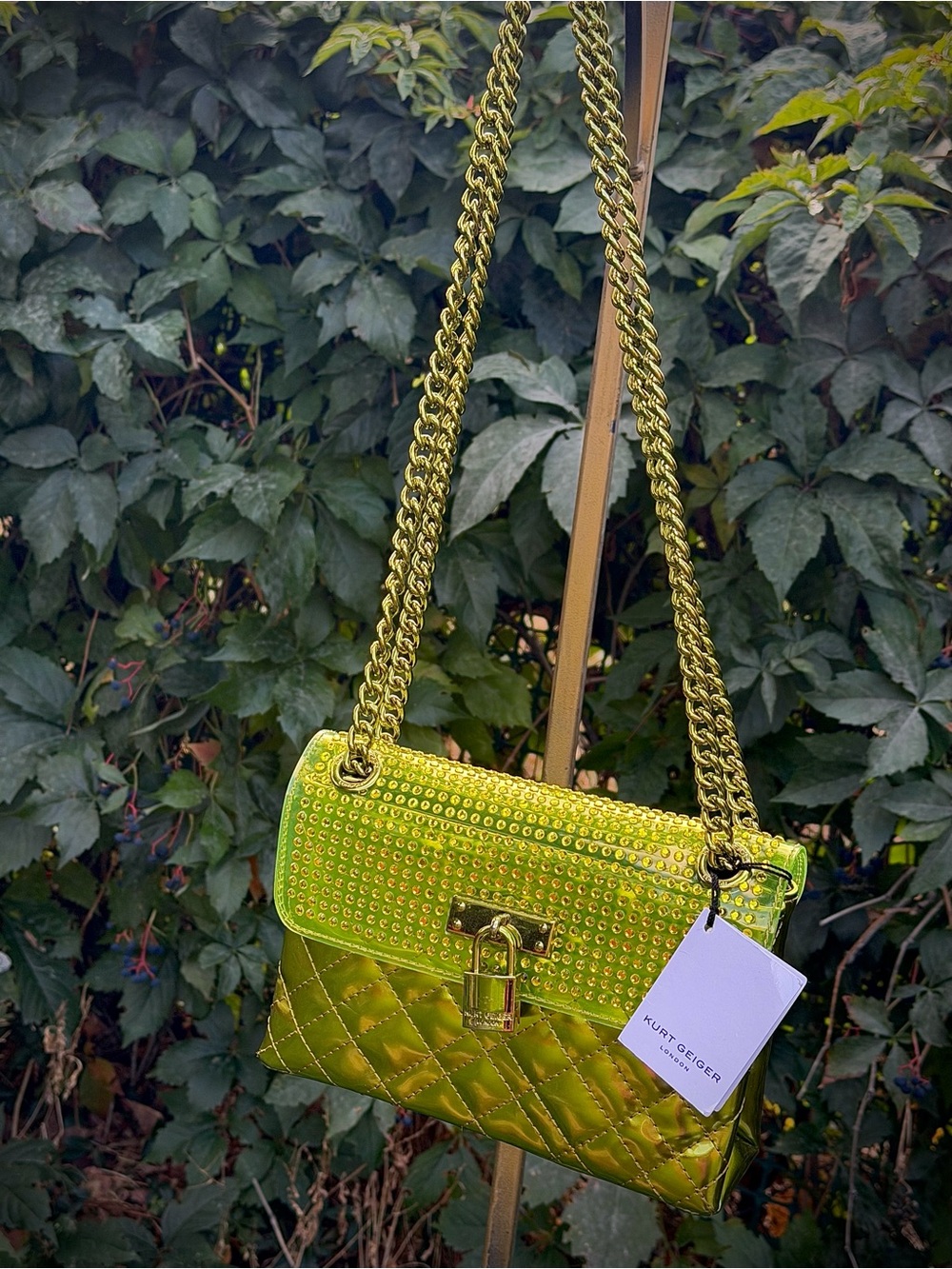Kurt Geiger Neon Green Quilted Studded Chain Shoulder Bag